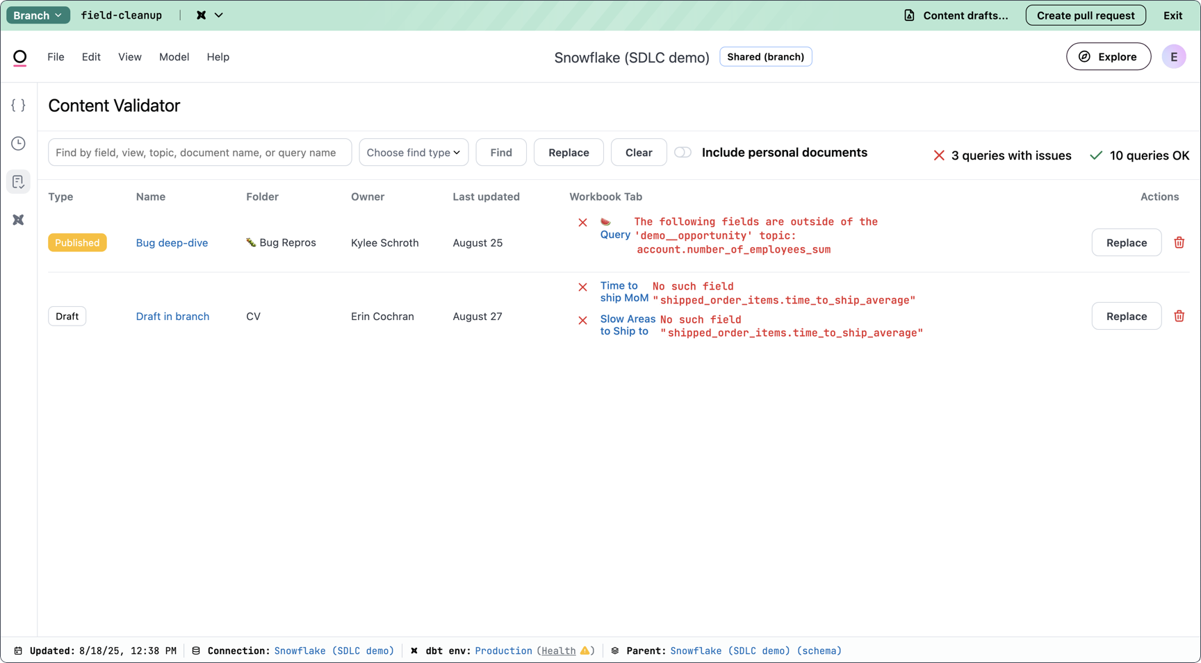 Content Validator search results while in a branch in the model IDE. Includes published content and the drafts attached to the branch.