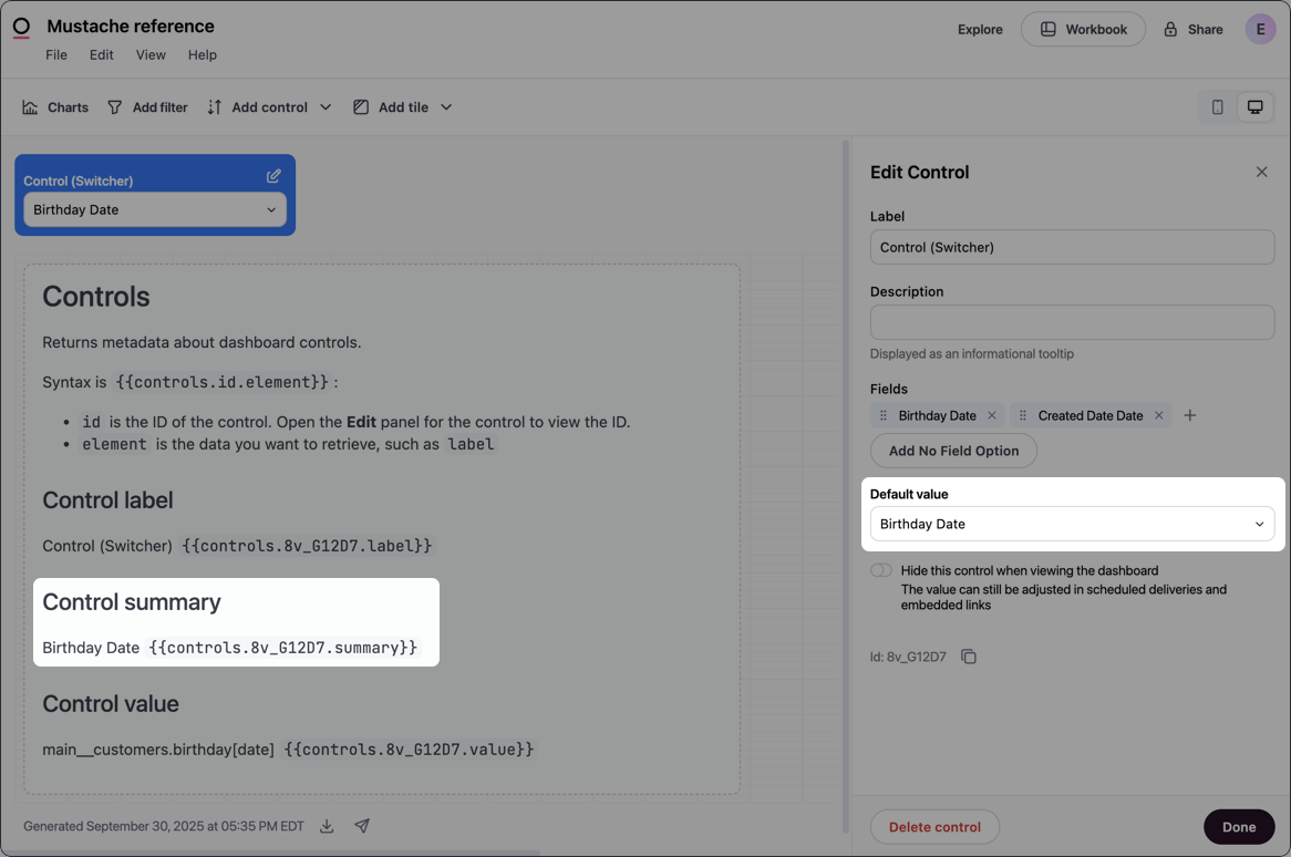 Example control summary (default value)