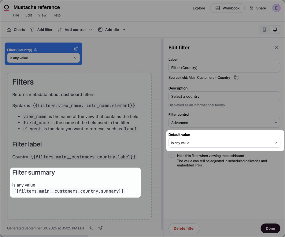 Example filter summary