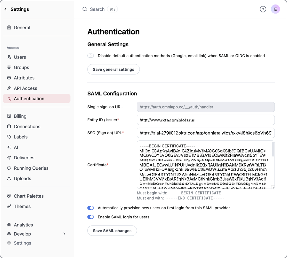 Omni authentication settings page